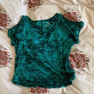 Sparkle & Fade Teal Open Shoulder Tee